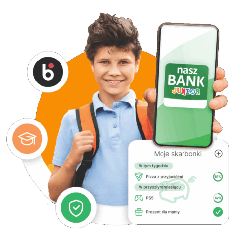 Dziecko prezentuje aplikację Nasz Bank Junior