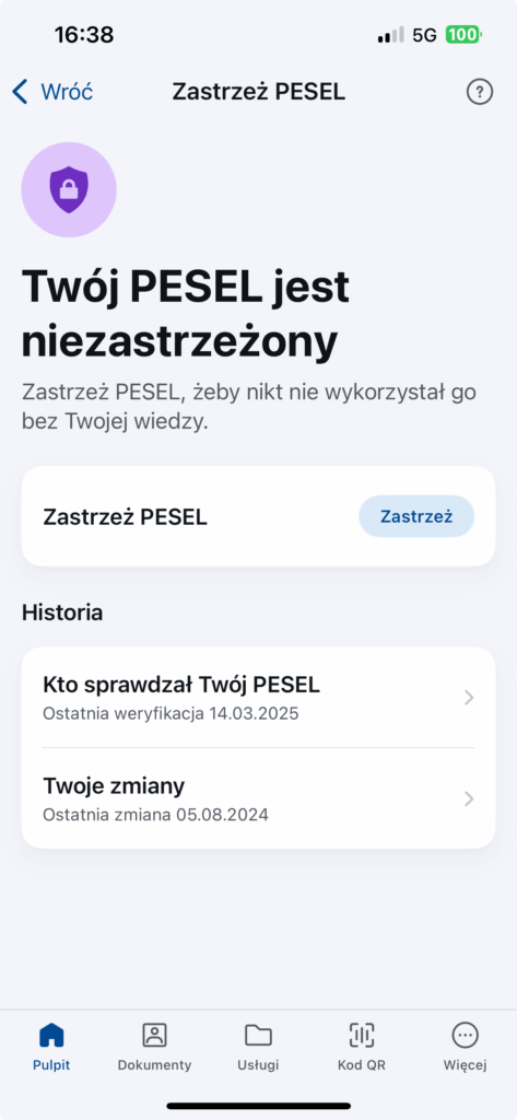 Zastrzeganie nr PESEL w aplikacji mObywatel