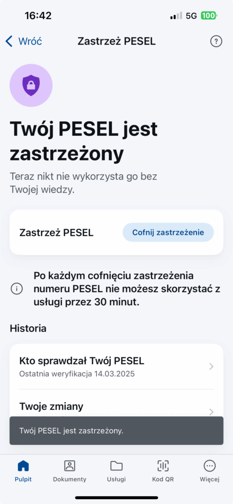 Widok w aplikacji mObywatel po zastrzeżeniu nr PESEL