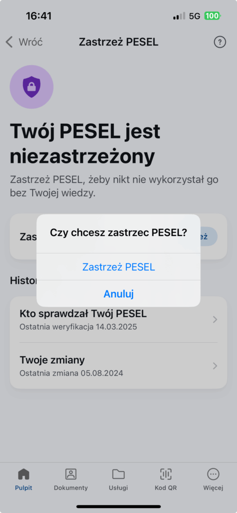 Komunikat po kliknięciu w zastrzeż