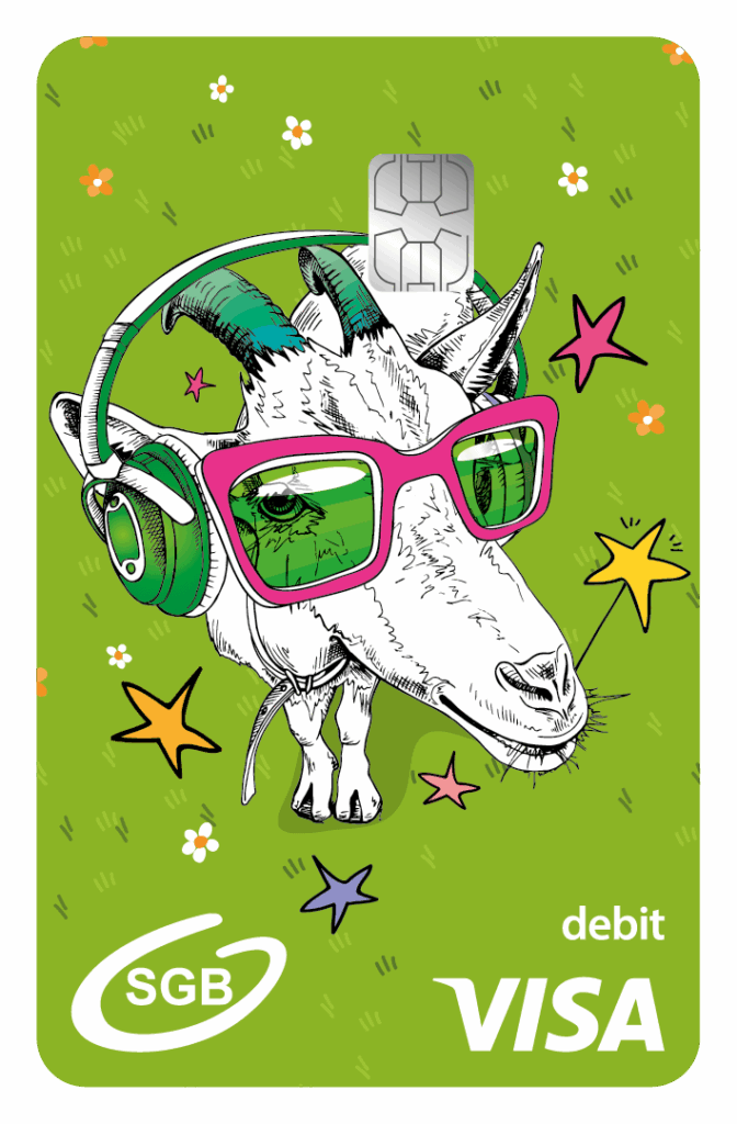 Karta z kozą w okularach i słuchawkach